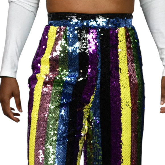 Fashion Nova Sequin Pant Rainbow Stripe Multicolor Cropped Wide Colorblock Small - Picture 4 of 16